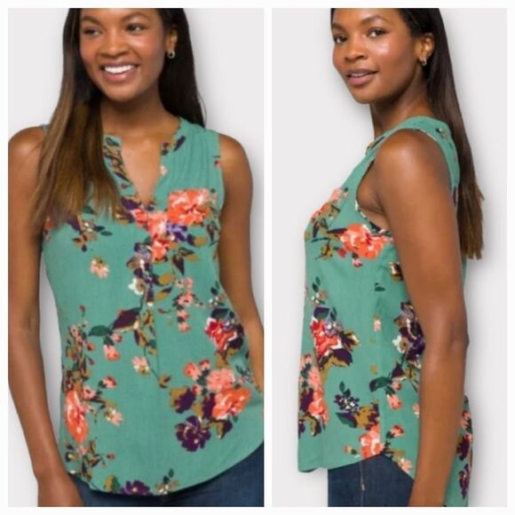 🔺️NWT Market & Spruce Sage Floral Prat Henley Sleeveless Top Large - Picture 1 of 13